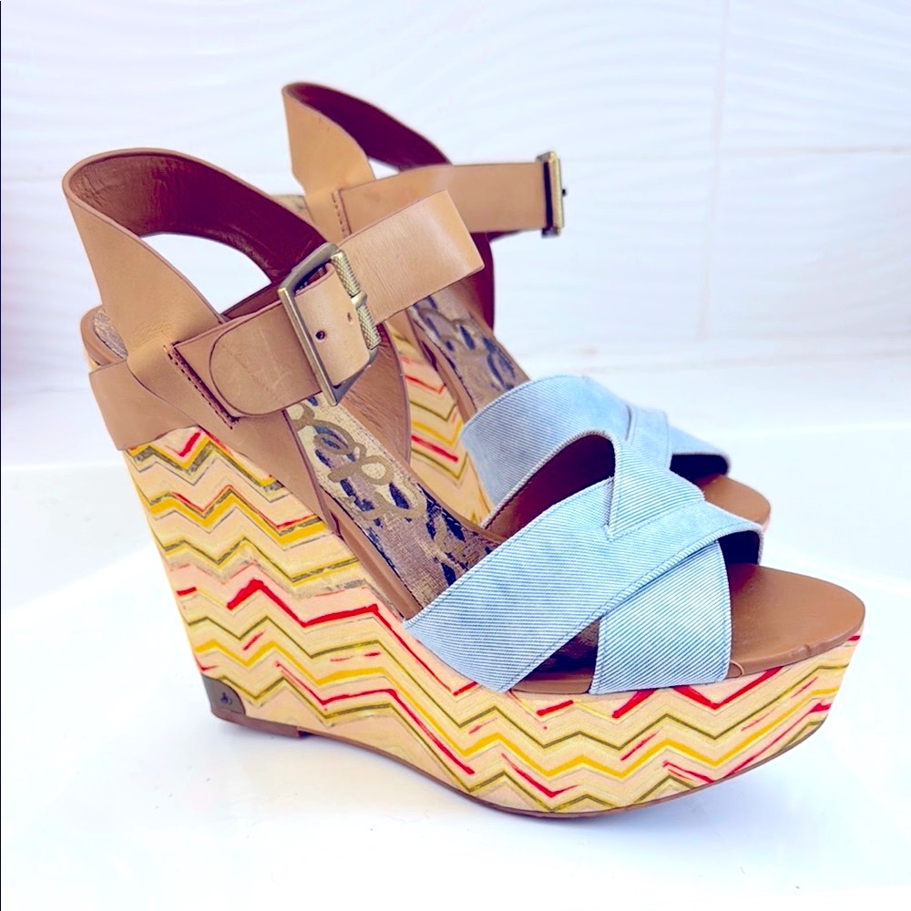Tan & Light Blue Denim Wedge Sandals with Patterned Platform